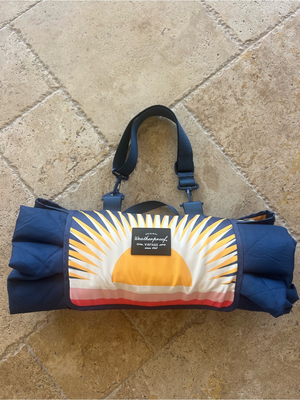 Weatherproof Navy Blue Roll-Up Travel Blanket Bag with Sunrise Print
